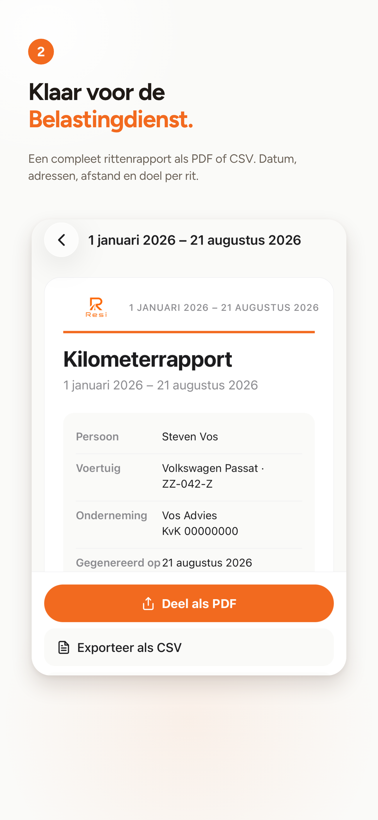 Resi kilometerrapport met PDF delen en CSV export