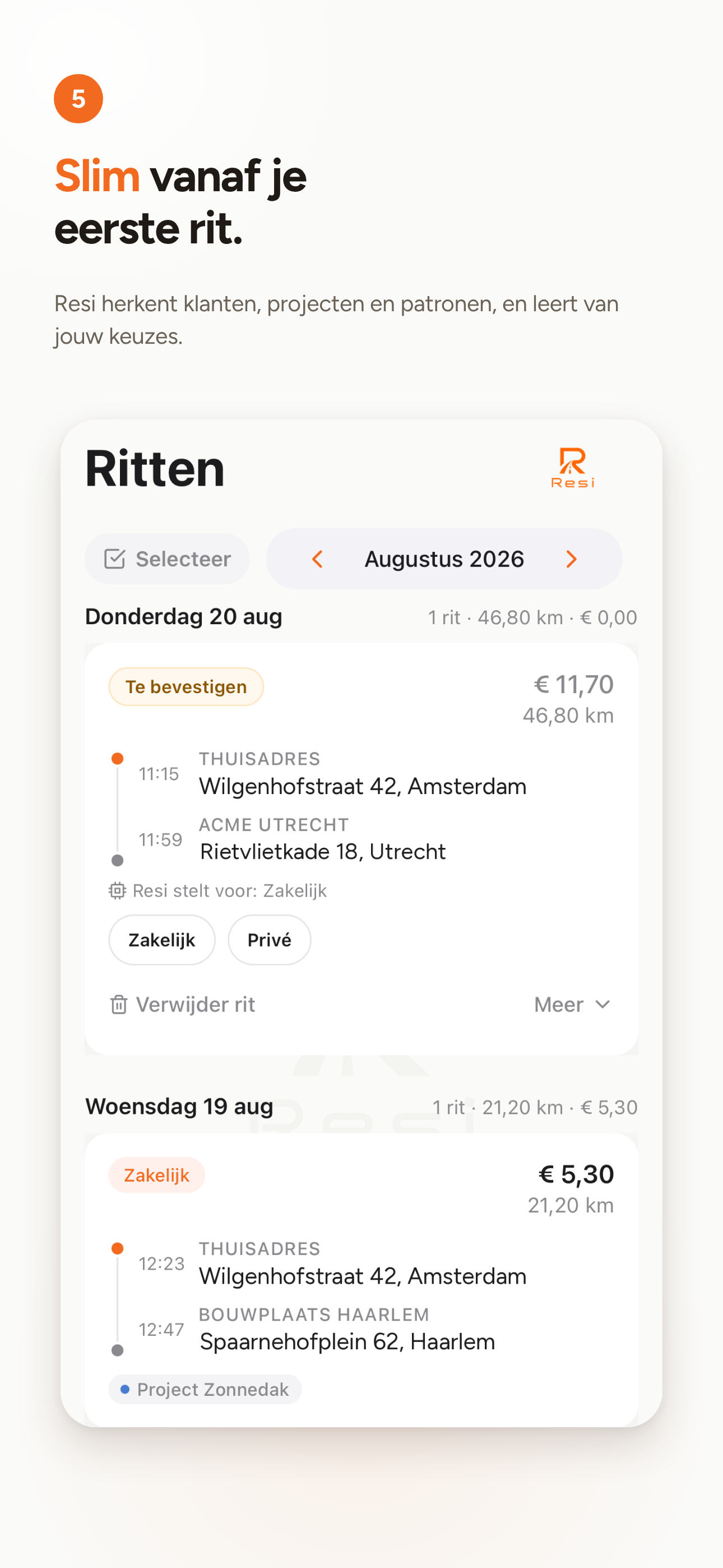 Resi rittenoverzicht met categorie en project