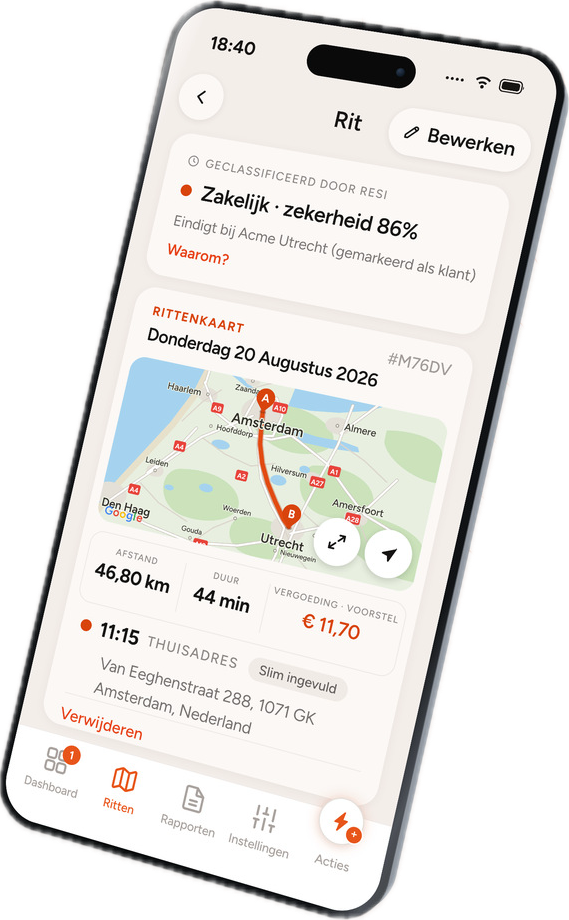 Resi toont een zakelijke rit met route, afstand en klant